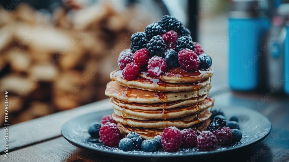 Aufkleber stack of fluffy pancakes drizzled with syrup and topped with fresh raspberries blueberries and black