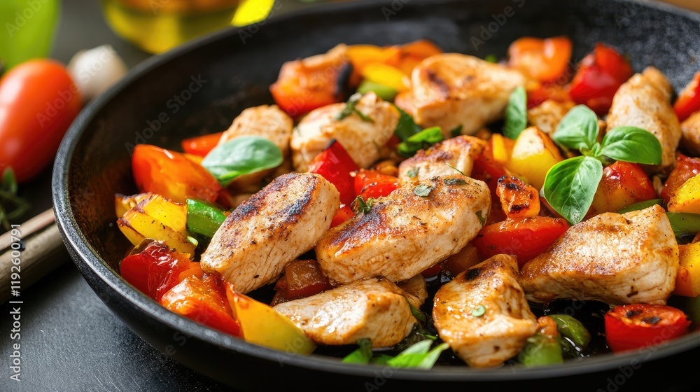Aufkleber healthy chicken skillet with colorful vegetables cooked in olive oil and fresh basil on a rustic bac