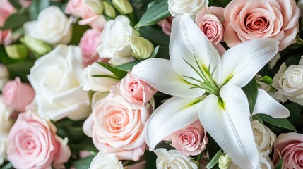 Obraz premium Elegant floral arrangement with white lilies and pink roses, perfect for custom text or design elements, showcasing beauty and harmony.