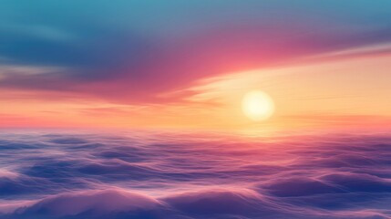 Fototapeta premium Serene Sunset Over Ocean Cloudscape Aerial View with Vibrant Colors at Dusk Captured from Airplane Above the Clouds