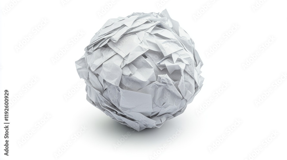 Poster crumpled white paper ball isolated on bright background for creative design and textured graphics