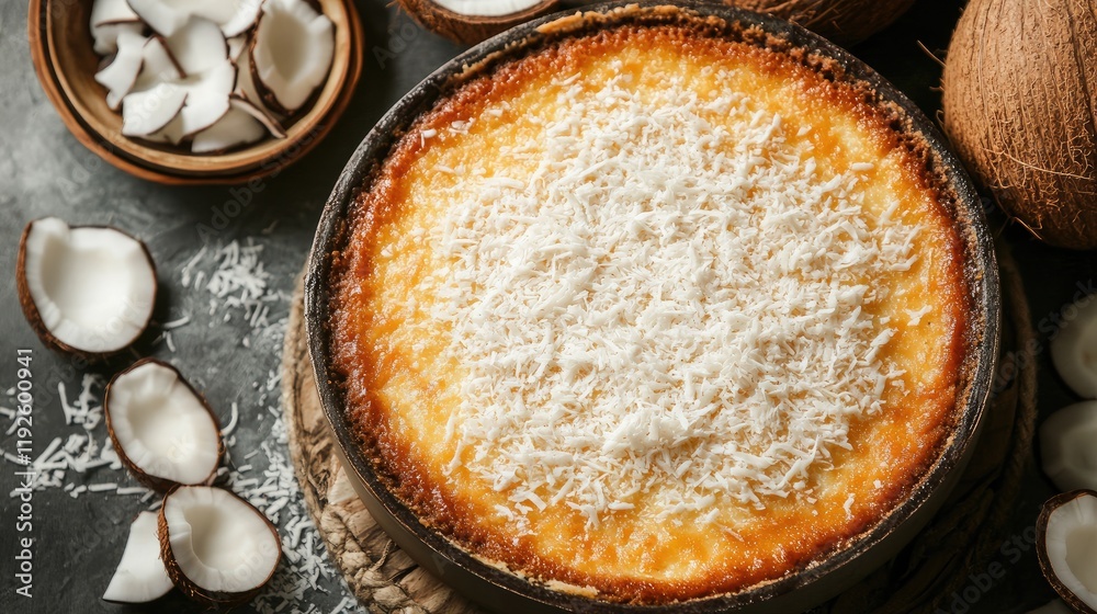 Aufkleber delicious coconut cake topped with shredded coconut served on a rustic table with whole coconuts and