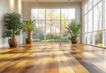 Modern style, bright room with large windows and white walls. 