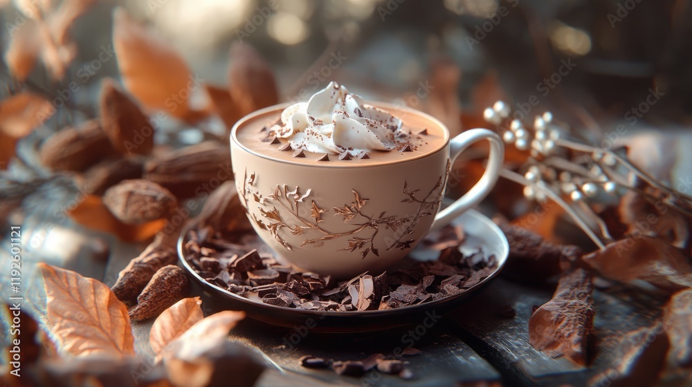 Poster Rich cocoa drink topped with whipped cream and chocolate shavings surrounded by autumn leaves and cocoa beans on a rustic wooden table.