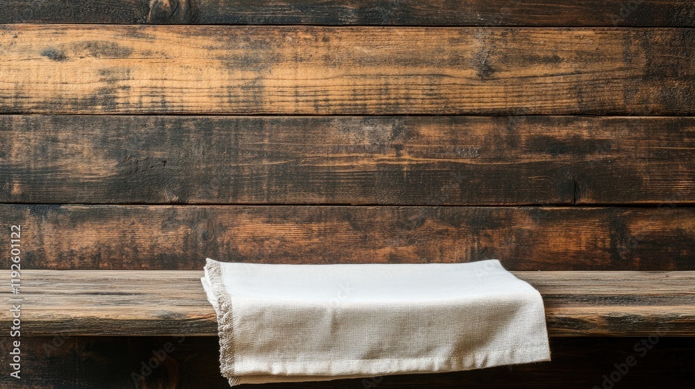 Aufkleber Rustic table setting with cloth napkin on wooden shelf against textured plank background showcasing a warm and inviting atmosphere.