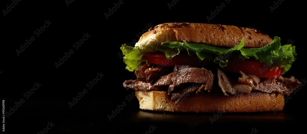 Aufkleber roast beef sandwich with fresh lettuce and tomato on a dark background featuring ample space for tex