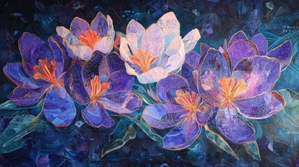 Vibrant Crocus Flowers in Bloom Against a Deep Blue Background Artistic Floral Composition