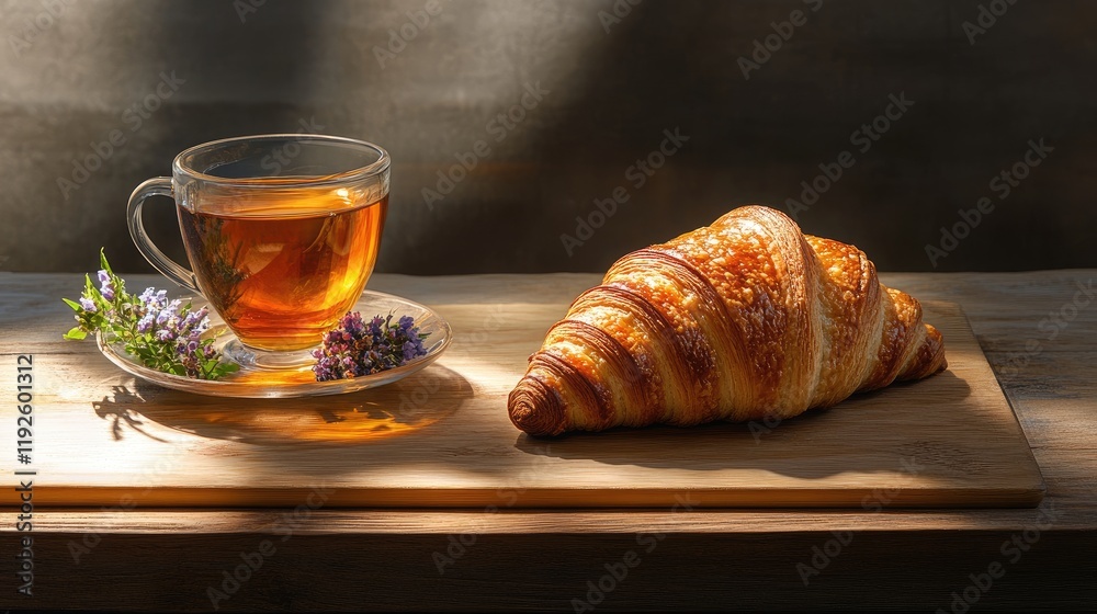 Poster croissant and tea with flowers on a rustic wooden surface creating a cozy breakfast scene