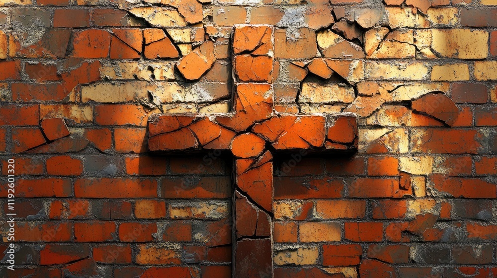 Poster Cracked brick wall featuring a cross with an abstract design illuminated by sunlight creating a dramatic and textured visual effect