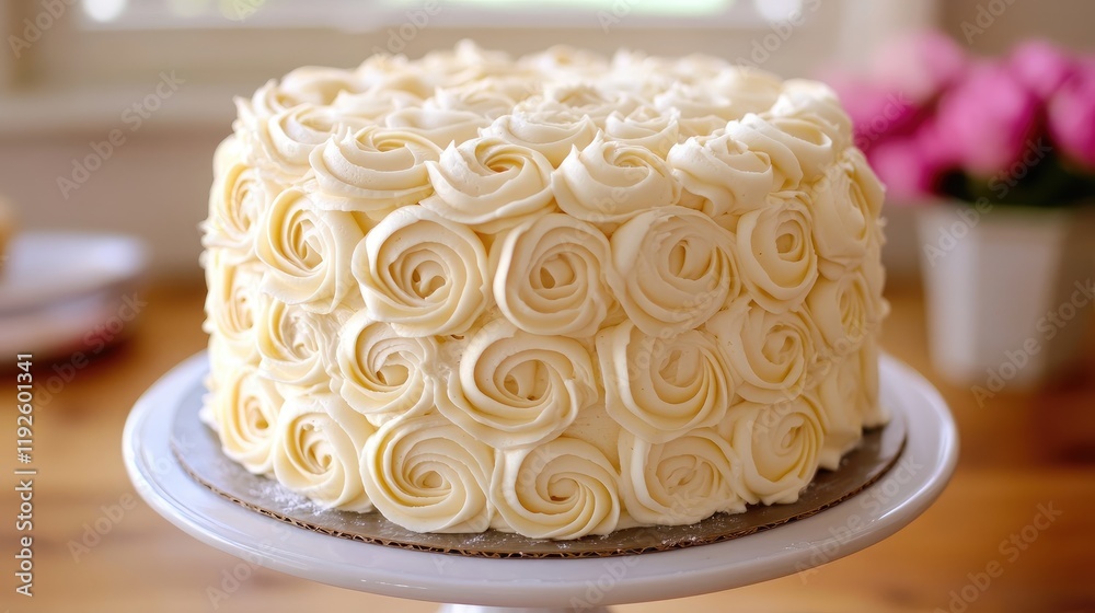 Poster elegant vanilla cake decorated with buttercream roses in a charming bakery setting
