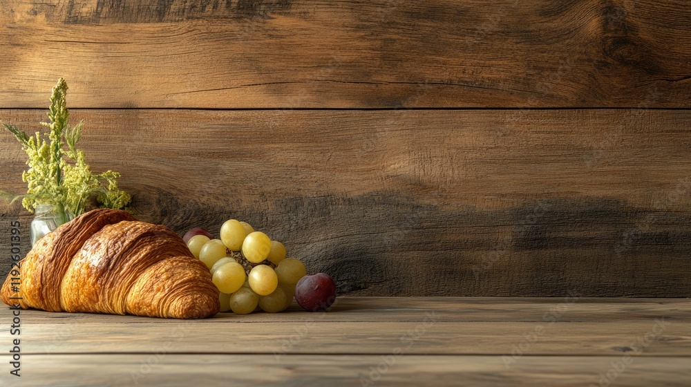 Poster croissant and assorted fruits arranged on a rustic wooden background for a cozy breakfast or brunch 