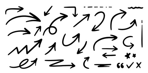 Hand drawn arrows doodles vector. Set of hand drawn arrows scribble doodles, lines, pointers, rectangle, circles, check box, dividers, stars, quotations etc