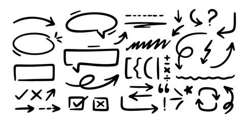 Hand drawn arrows doodles vector. Set of hand drawn arrows scribble doodles, lines, pointers, rectangle, circles, check box, dividers, stars, quotations etc