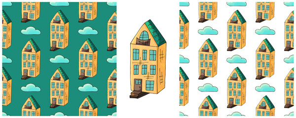Houses. Set city seamless patterns. Pattern in hand draw style
