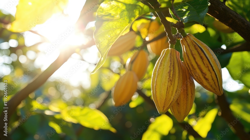 Poster Cocoa pods hanging from a tree branch illuminated by sunlight in a lush garden setting