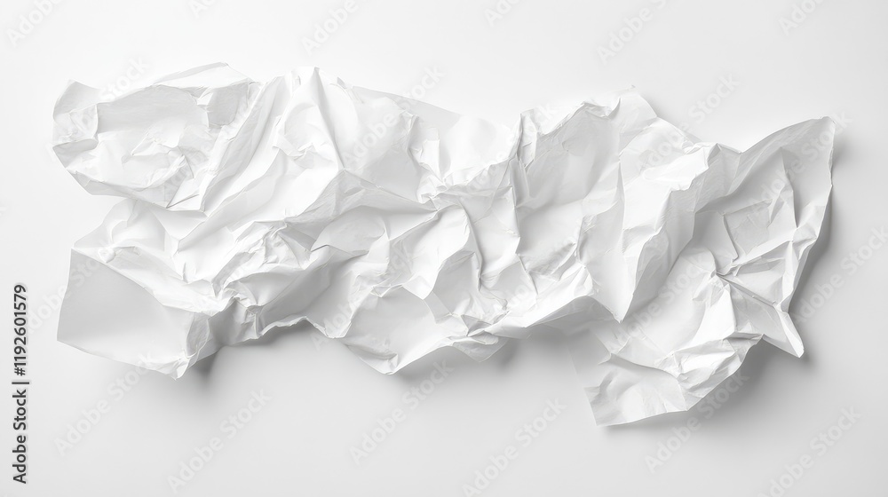 Poster Crumpled white paper texture with visible wrinkles on a clean white backdrop for creative design backgrounds and mockups