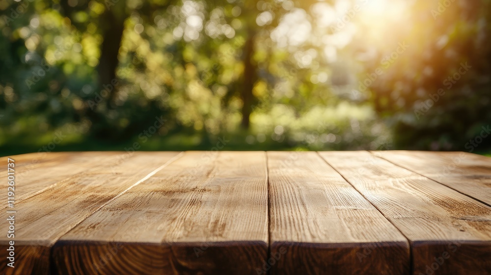 Aufkleber Close up of rustic wooden table surface with blurred greenery and sunlight in the background for a natural outdoor setting design.