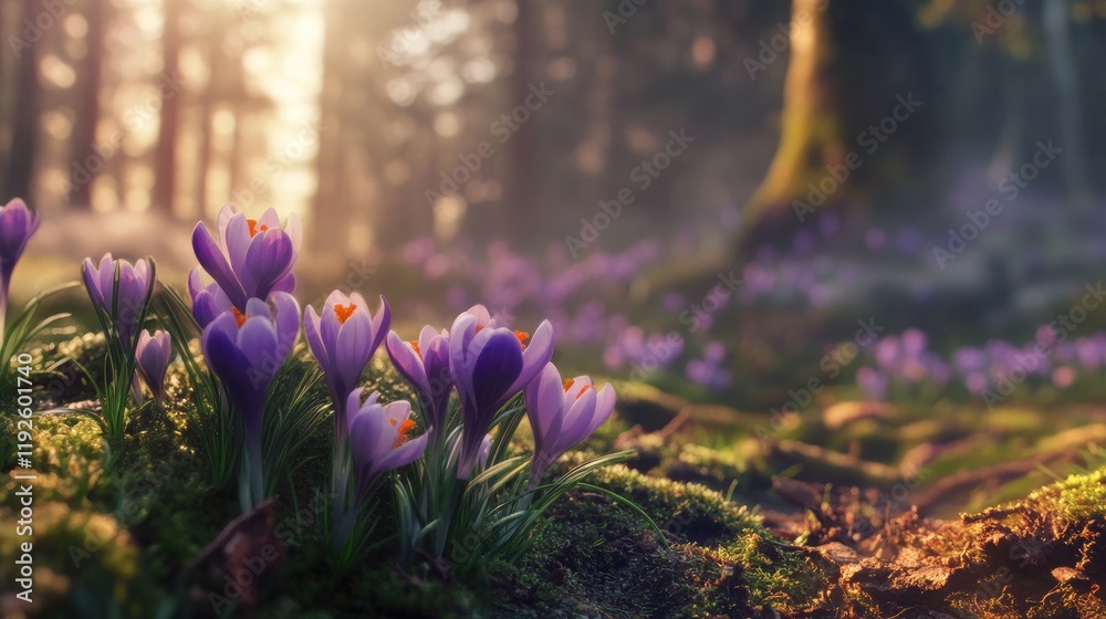 Poster blooming crocus flowers in a sunlit forest setting surrounded by lush green moss and gentle light fi