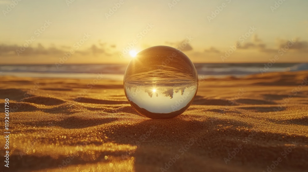 Poster crystal ball reflecting sunset on sandy beach creating a serene and tranquil atmosphere with warm go