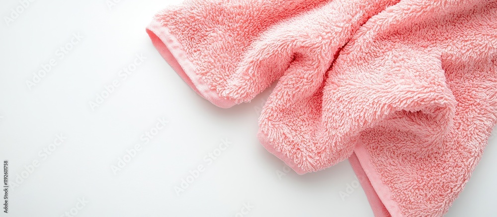 Poster soft pink terry towel corner isolated on white background with ample space for text and design eleme