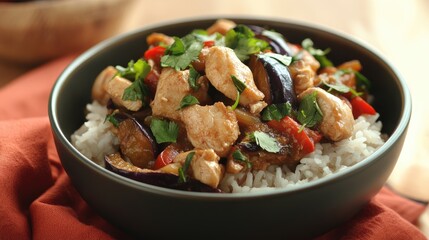Thai Red Curry Bowl with Chicken and Eggplant Served Over Jasmine Rice Garnished with Fresh Cilantro