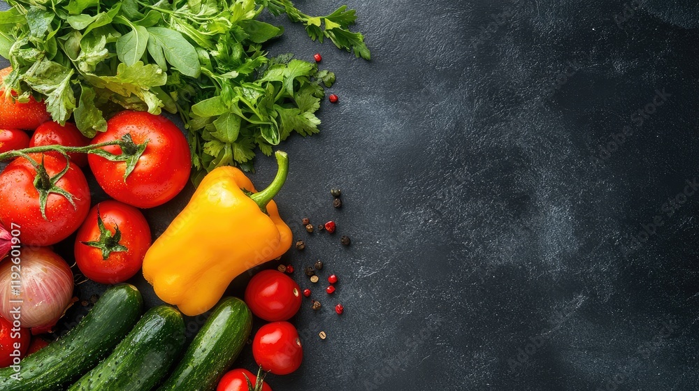 Poster fresh colorful vegetables on dark background ideal for healthy eating or cooking promotions with cop