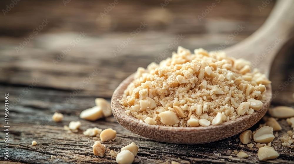 Poster Crushed peanuts on a wooden spoon resting on rustic wooden background captured in soft focus showcasing natural texture and color.