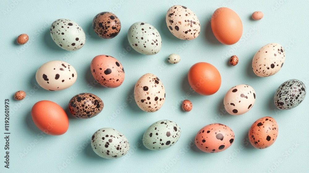 Poster colorful assortment of quail eggs in various sizes on a pastel blue background showcasing natural pa