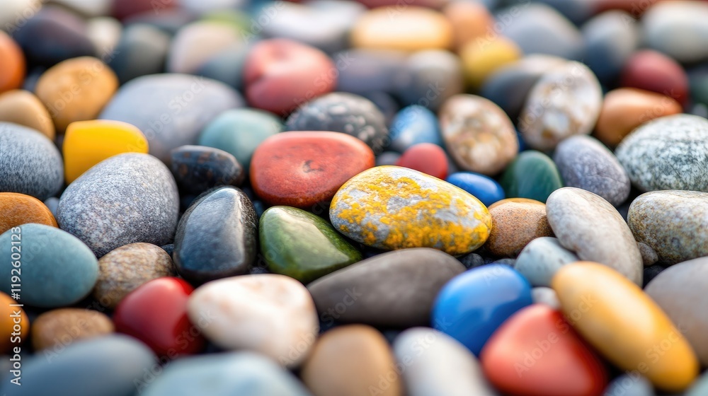 Poster colorful round stones with smooth surfaces scattered together highlighting a central stone at a 45 d