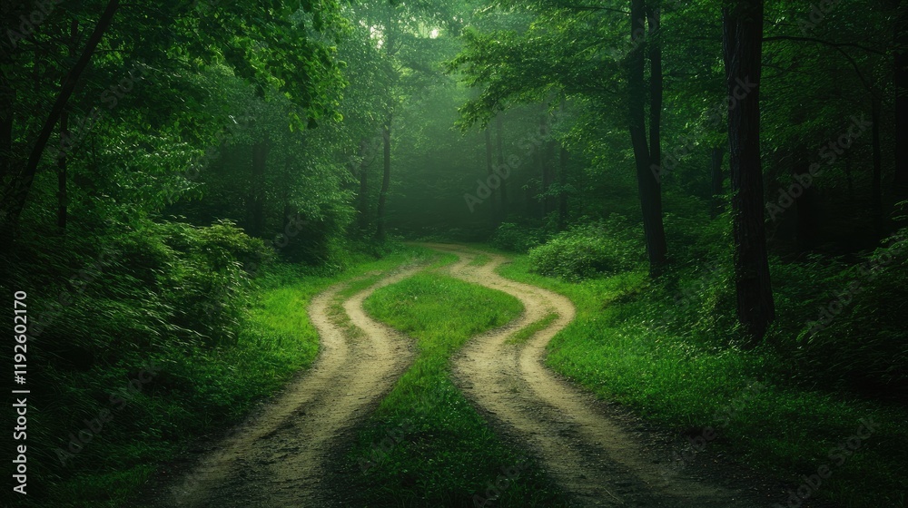 Poster Diverging pathways at a tranquil crossroads in a lush green forest surrounded by dense trees and soft misty light