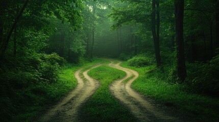 Obraz premium Diverging pathways at a tranquil crossroads in a lush green forest surrounded by dense trees and soft misty light