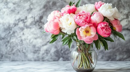 Elegant floral arrangement of pink and white peonies in a clear glass vase on a marble surface showcasing natural beauty and elegance.