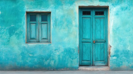 Fototapeta premium Vintage blue door and window on textured turquoise wall with rustic charm and architectural detail in a serene setting