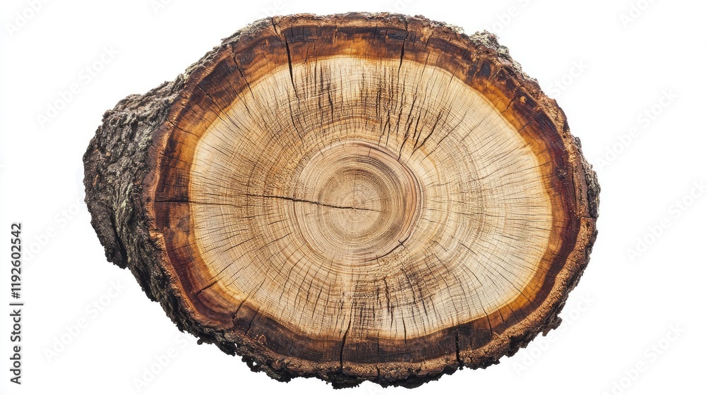 Poster tree trunk cross section showcasing annual rings and natural textures on a white background for natu