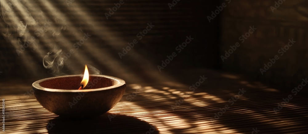 Poster relaxing ambiance of a lit candle with incense creating soothing shadows and warm light perfect for 