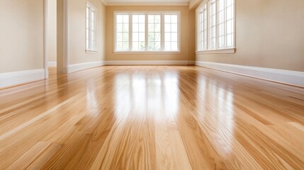 Fototapeta premium Spacious room with polished hardwood floor and large windows allowing natural light.