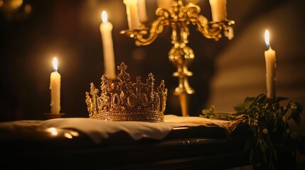 Crown and candelabra illuminated with candles over a coffin in a serene and historical setting