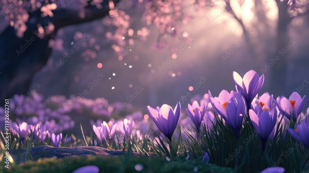 Fototapete Vibrant Spring Crocuses Blooming Under Soft Light with Gentle Bokeh Effect in a Serene Meadow Setting