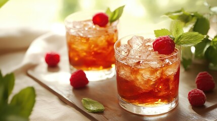 Refreshing summer cocktails with raspberries and mint garnishes in elegant glasses on a wooden surface with a bright background.