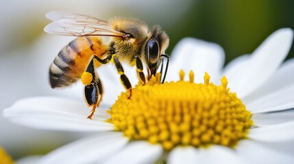 Bee on a daisy flower gathering nectar in a vibrant garden setting showcasing nature's beauty and pollination process.