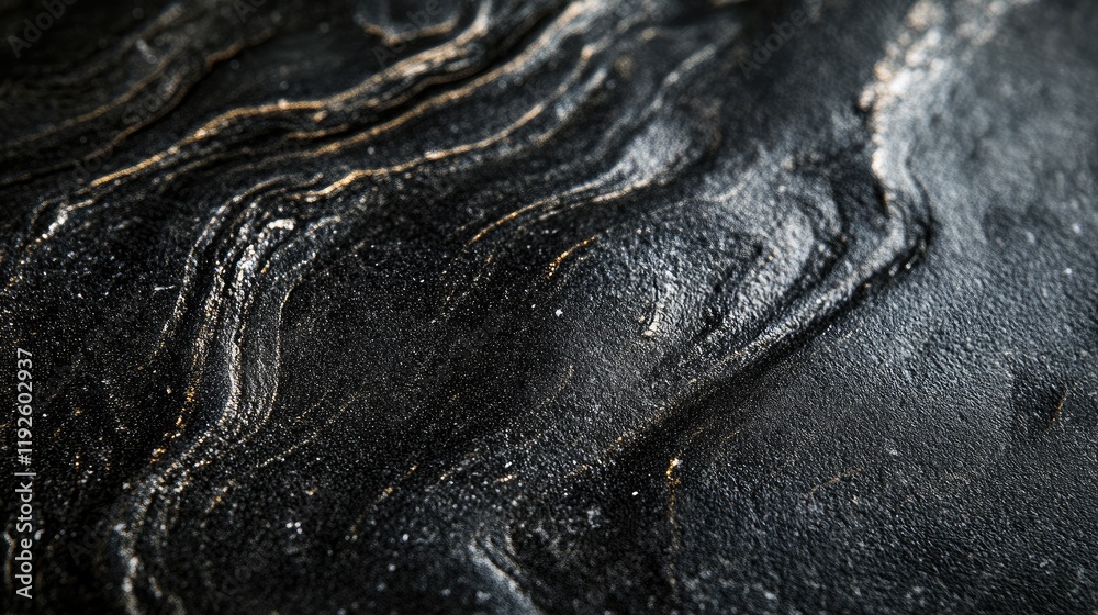 Poster macro shot of dark ceramic surface featuring curved patterns with soft shadows and highlights reflec