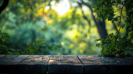 Naklejka premium Wooden table with blurred green trees in nature creating a serene summer backdrop for product display and promotional purposes