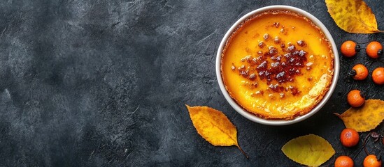 Pumpkin Creme Brulee Dessert with Caramelized Sugar Topping on Dark Background Perfect for Seasonal Treats and Recipe Promotion