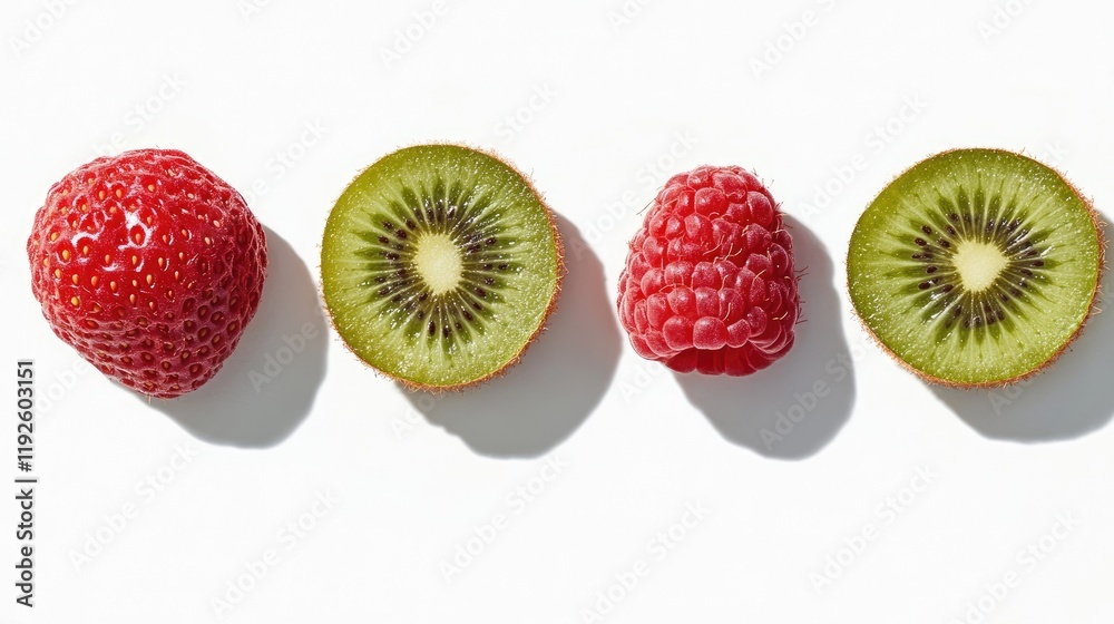 Poster vibrant assortment of raspberries strawberries and kiwi slices arranged on a clean white background 