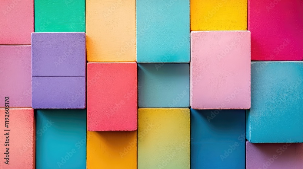 Poster Colorful arrangement of pastel rectangular blocks creating a vibrant and playful background design for creative projects and marketing materials