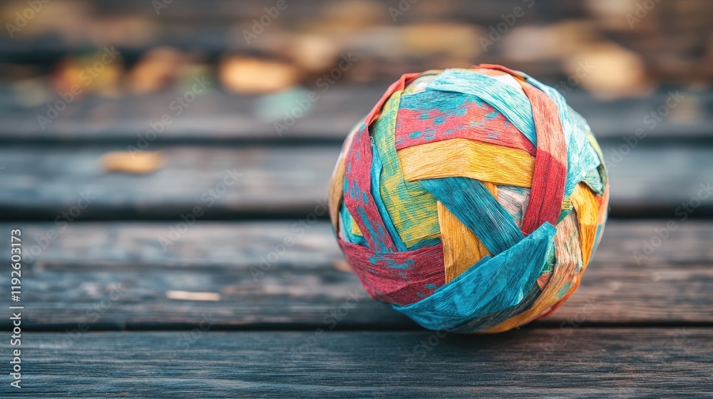 Poster colorful crumpled paper ball on wooden surface with vibrant sweater patterns and autumn leaves in ba