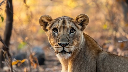 Fototapeta premium Majestic Lioness Close-Up Staring with Intense Eyes in Natural Wild Habitat During Golden Hour