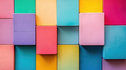 Colorful arrangement of pastel rectangular blocks creating a vibrant and playful background design for creative projects and marketing materials