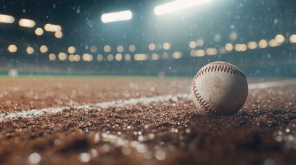 Close up of a baseball rolling on wet dirt in a well lit baseball field during a game with blurred lights in the background