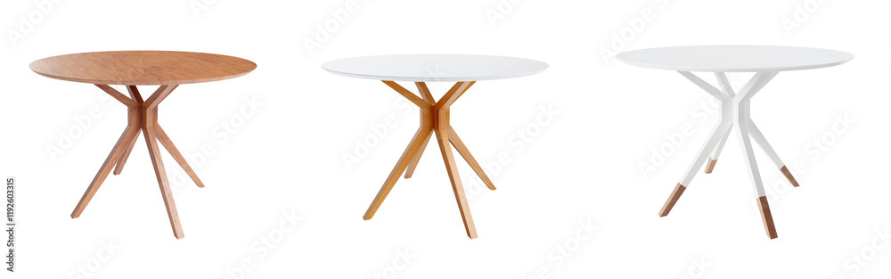 Poster Set of round tables isolated on transparent background. 3D render.